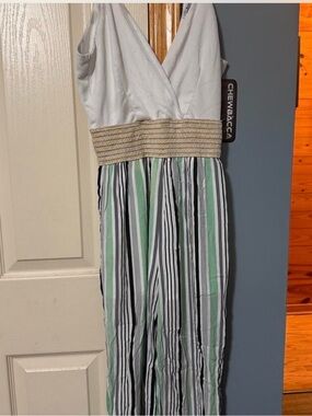 Fashion Nova White & Mint Striped Jumpsuit with Smocked Waistband